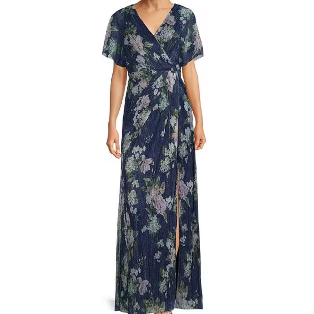 🌷Adrianna Papell
Floral Print Metallic Mesh Surplice V-Neck  Front Slit Gown 🌸